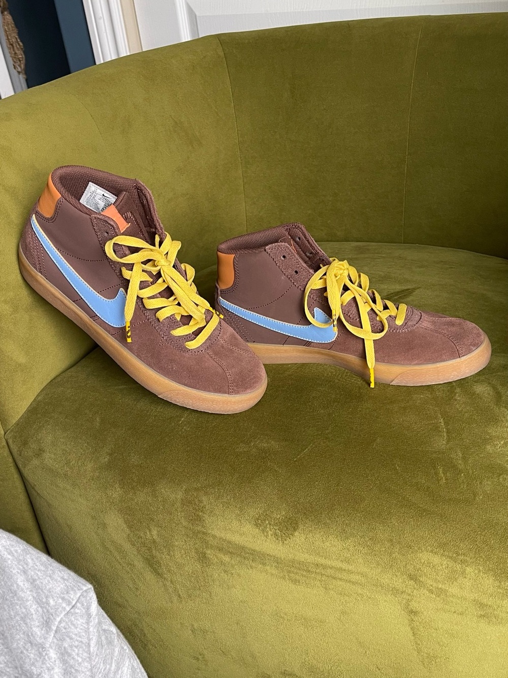 Nike Brown Suede High-Top Sneakers with Light Blue Swoosh and Yellow Laces